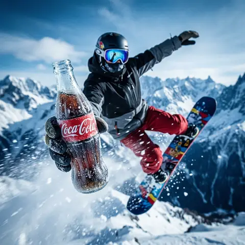 Coca-Cola Bottle Snowboarder Mountain Cinematic Winter Product Shot