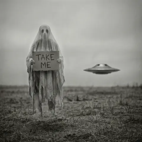 Ghost With Sign Flying Saucer Black and White