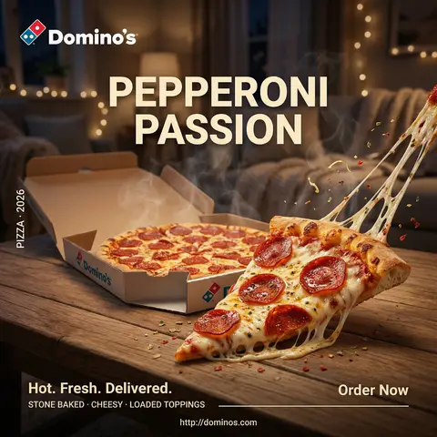 Domino's Pepperoni Pizza Cheese Pull Cozy Night FMCG Poster