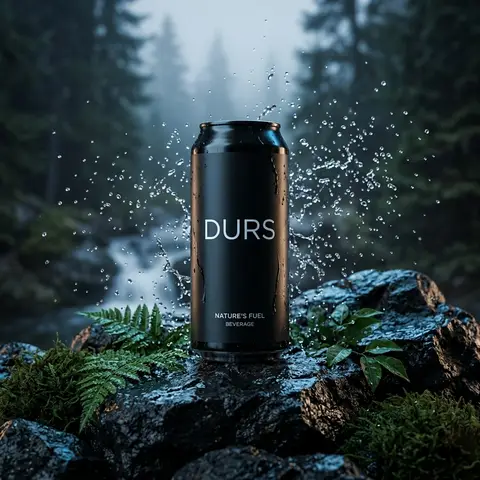 DURS Black Beverage Can Wet Rocks Water Splash Cinematic Product Shot
