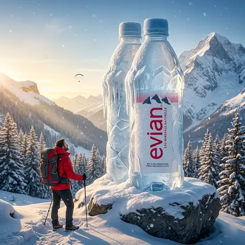 Giant Frozen Water Bottle Alpine Snow Mountain Cinematic Product Shot