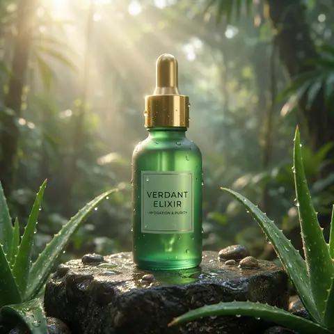 Emerald Serum Gold Dropper Rainforest Mist Luxury Skincare Cinematic Shot