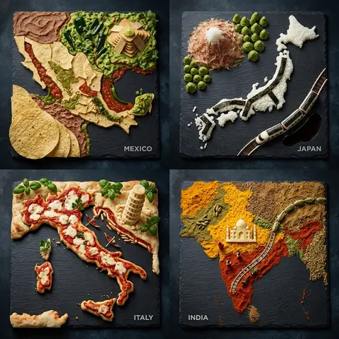 National Dishes Country Map Food Art Grid