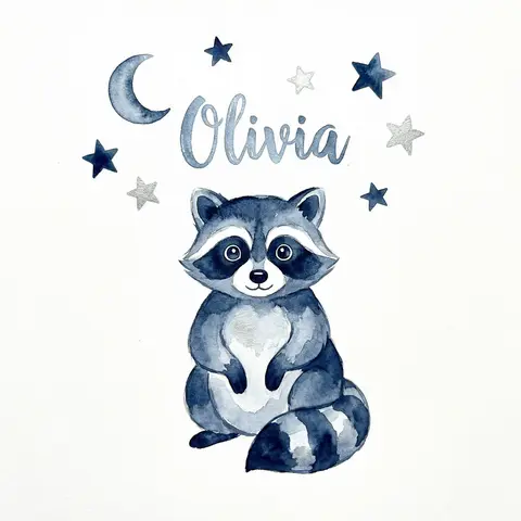 Watercolor Raccoon Nursery Wall Art with Name