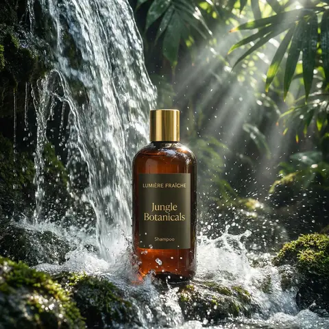 Luxury Shampoo Bottle Jungle Waterfall Cinematic Nature Product Shot