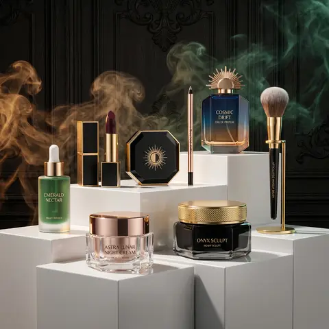 Celestial Opulence Dark Academia Luxury Beauty Campaign Product Shot