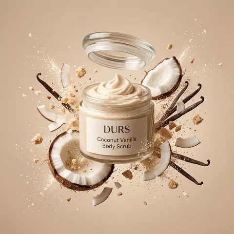 DURS Coconut Vanilla Body Scrub Floating Jar Explosion Skincare Shot