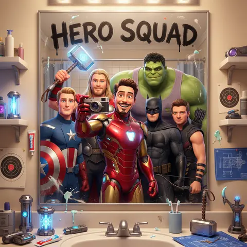 Pixar Style Movie Characters Bathroom Mirror Selfie 3D CGI Render