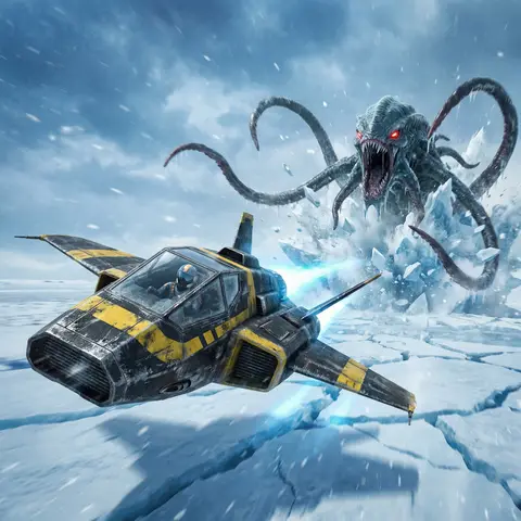 Futuristic Fighter Jet Arctic Alien Attack Scene
