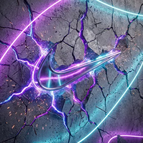 Glowing Chrome Logo Cracked Concrete Neon Wall 3D Render