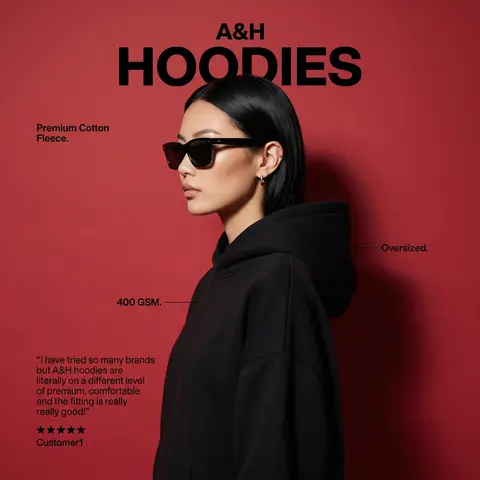 A&H Premium Hoodie Red Studio Fashion Campaign Poster Model Profile