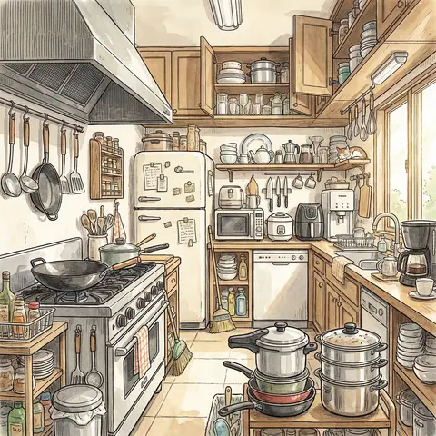 Ghibli-Inspired Maximalist Kitchen Illustration