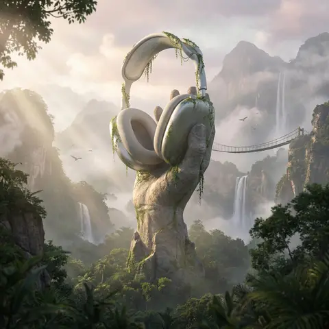 Colossal Stone Hand Jungle Monument Scene