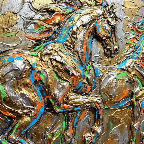 Metallic Gold Silver Horse Impasto Relief Painting