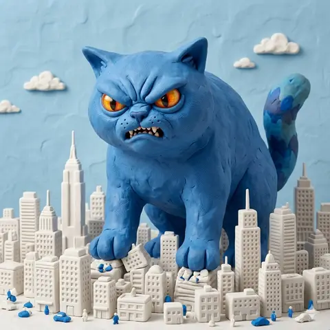 Giant Angry Blue Cat Claymation City