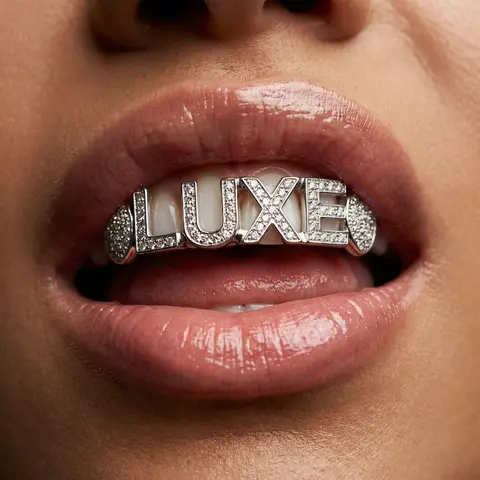 Logo Diamond Grillz White Gold Teeth Macro Beauty Shot