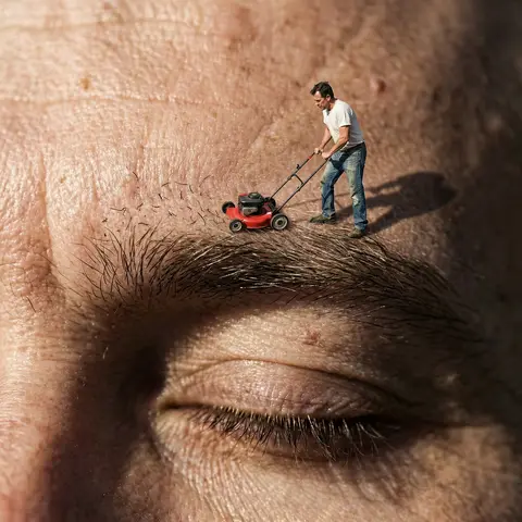 Miniature Man Mowing Eyebrow Surreal Macro Shot