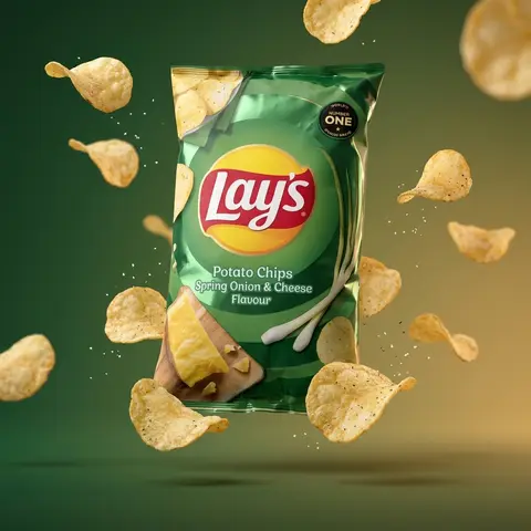 Floating Chips Packet Exploding Crisps Green Gold Studio Commercial Shot
