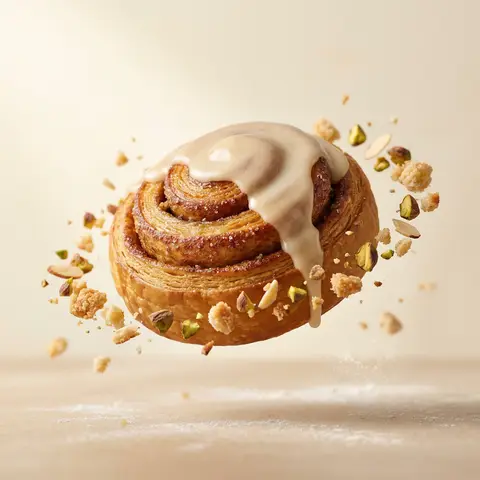 Floating Cardamom Bun Vanilla Glaze Cream Studio Cinematic Food Shot