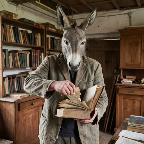Donkey-Headed Man Tearing Book