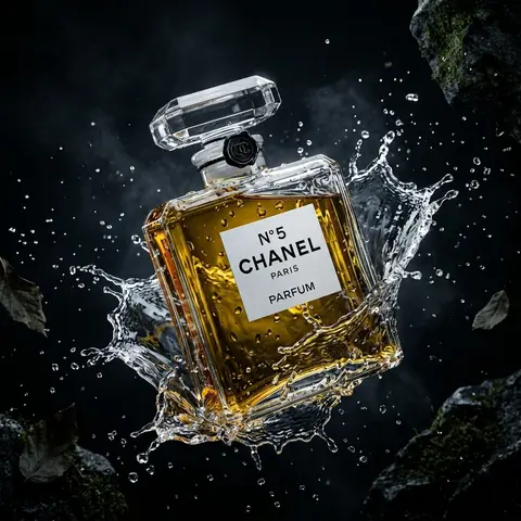 Perfume Bottle Water Splash Cinematic Dark Floating Product Shot
