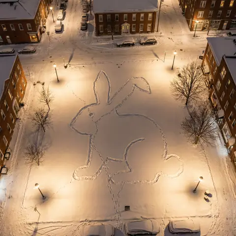 Top-Down Snow Rabbit Footprint Winter Scene