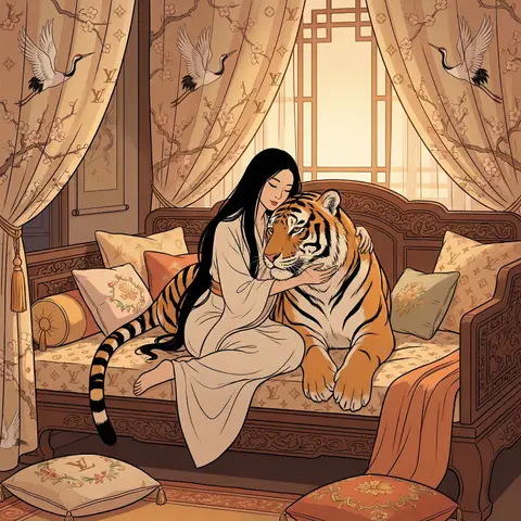 Woman and Tiger Embrace Illustration