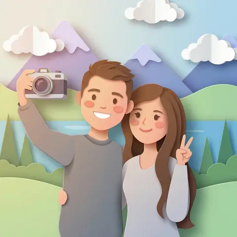 Paper-Cut Couple Selfie Outdoor Illustration