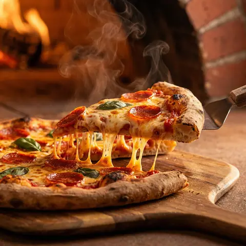 Pizza Slice Cheese Pull Rustic Oven Cinematic Food Commercial